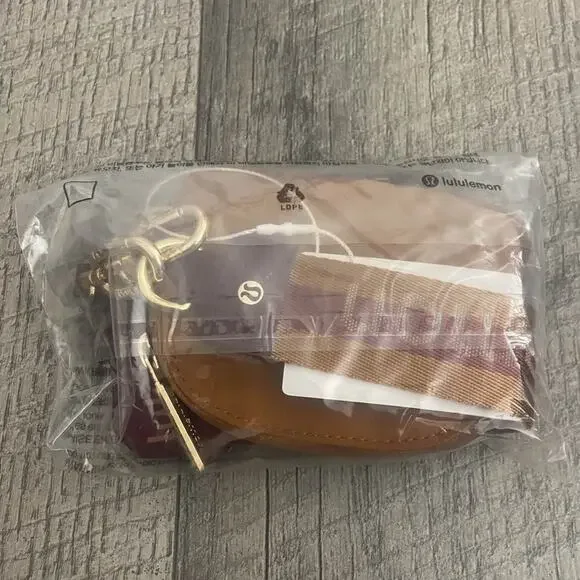Lululemon Dual Pouch Wristlet Wallet Keychain Maroon Gold Tan Wordmark Strap